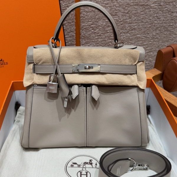 【エルメス HERMES】ケリーラキ32 ヴォースイフト エタン グレー シルバー金具(100%手縫い)